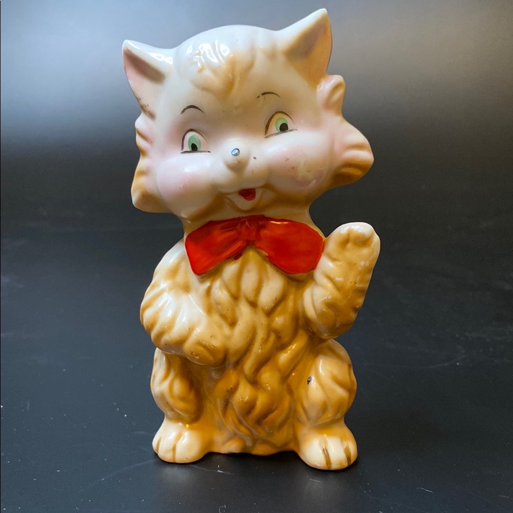 Vintage 1950’s Japan Ceramic Cat Figurine with Red Bow